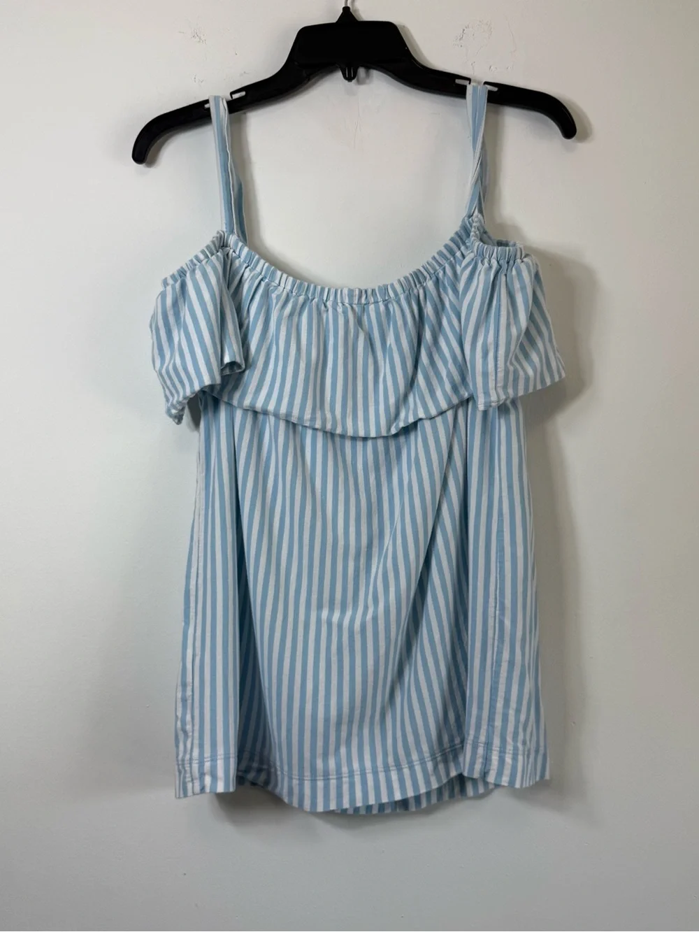 J. Crew Blue White Striped Off-the-Shoulder Ruffle Top XL Coastal Grandmother